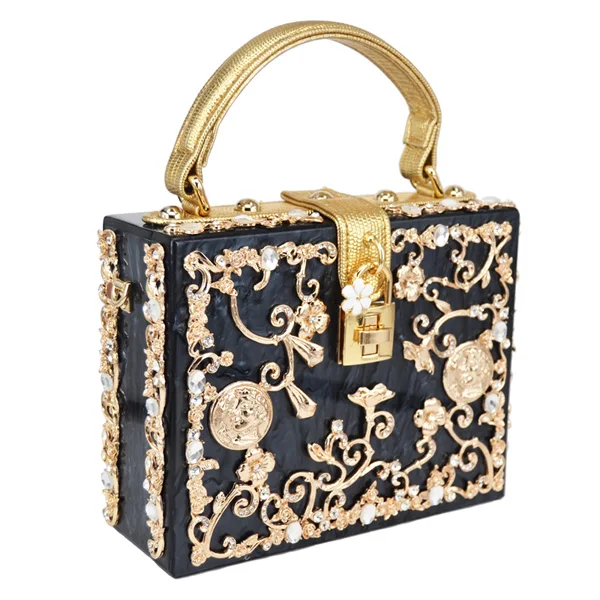 Fashion Box evening bag diamond flower Clutch Bag hollow relief Acrylic luxury handbag banquet party purse women's Shoulder | Багаж и