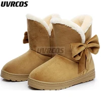 2022women snow boots winter shoes warm casual fur ankle female bowtie non slip plush suede flats