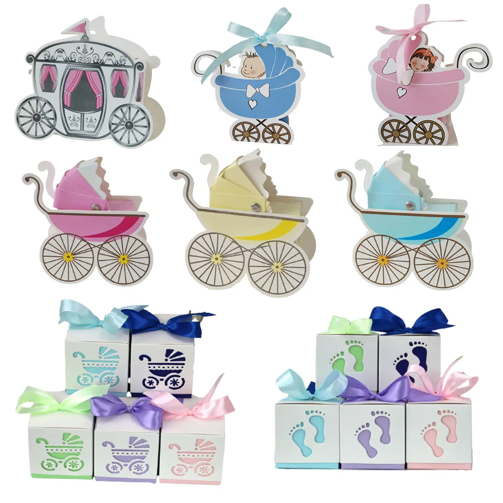 10Pcs Baby Carriage Candy Box Sweet Wedding Favor And Gifts Boxes With Ribbon Baby Shower For Baptism Birthday Party Decoration