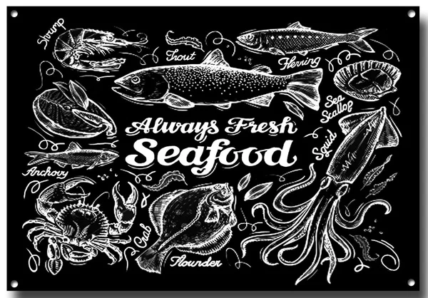 Всегда свежие морепродукты металлический знак кухня паб лодка море магазина