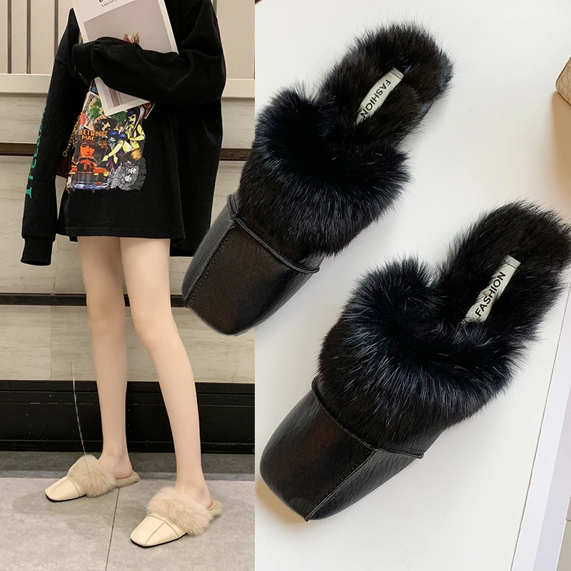 Меховые тапочки с квадратным носком для женщин коллекция 2019 года Сезон Зима