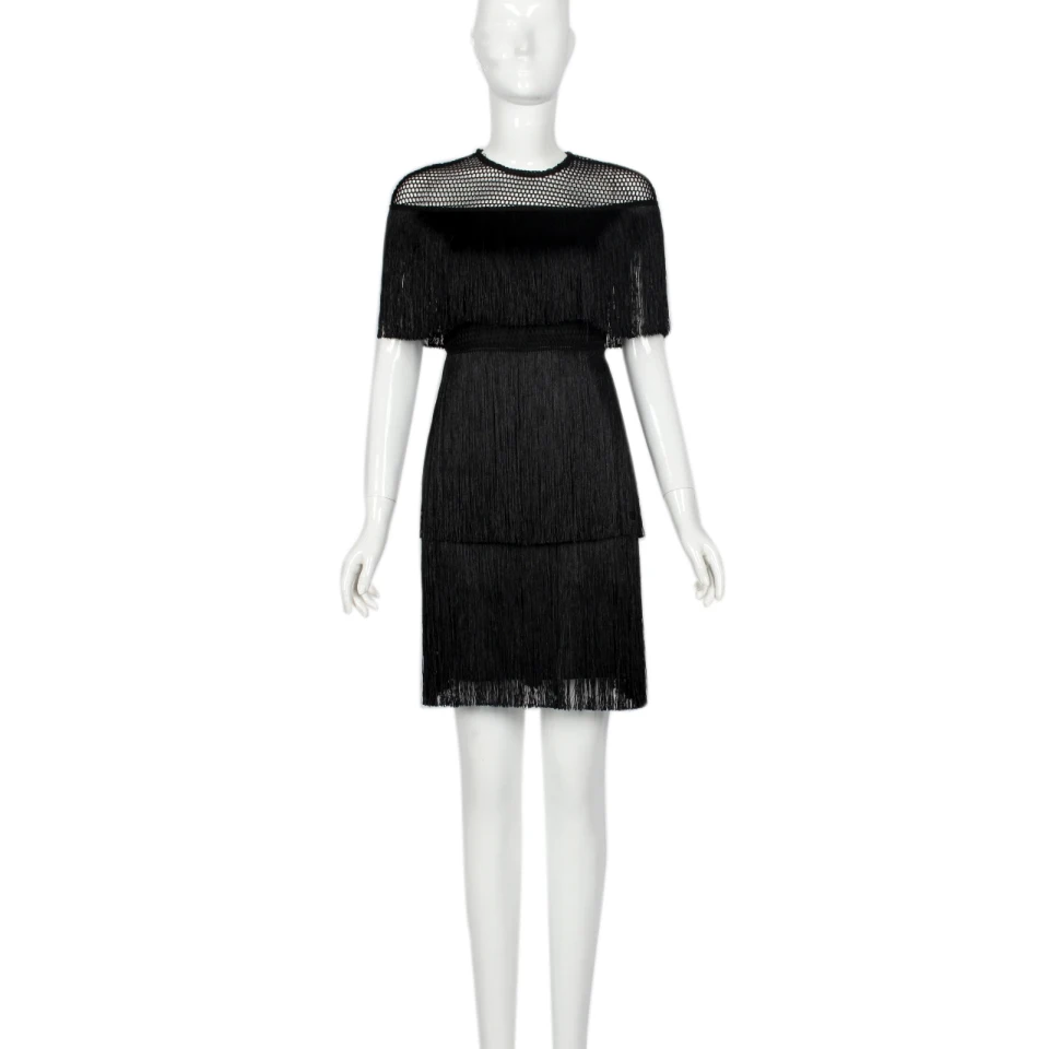 Black Женское винтажное платье, летнее, с кисточками, многослойное, Vestido, вечерние, Клубная одежда, платья с бахромой, Пляжное, Сетчатое, обтягивающее, модное, Дамское, однотонное, миди платье - Цвет: Black