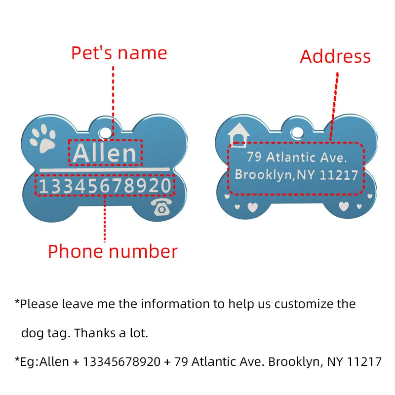100pcs 10colors Engravable Customize Metal Pet Dog ID Tag Military Bone Personalized Cat Puppy Name for Collar Accessory | Дом и сад