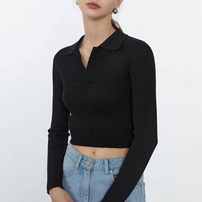 Женская трикотажная рубашка-поло с V-образным вырезом и длинным рукавом | одежда