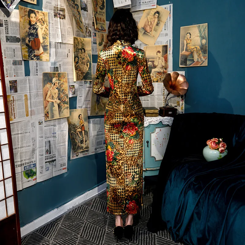 Sheng Coco Gold золото бархат Cheongsam Плюс размер платья длинный рукав вечернее Ципао