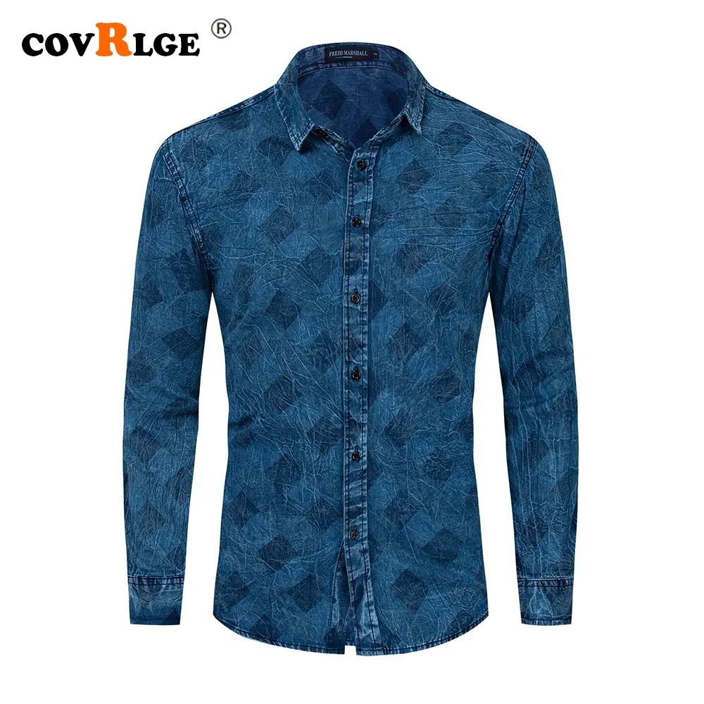 

Fredd Marshall Men's Denim Shirt Fashion Square Printing Long-sleeved Casual Slim Fit Shirts 100% Cotton Male Streetwear MCL300