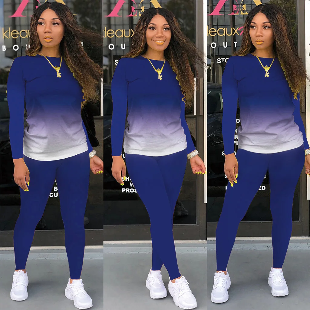

Women's Two Piece Outfit Jogger Suit Gradient Long Sleeve Pullover T-shirts Tops+Pants Leggings Set Casual Tracksuit Sweat Suits