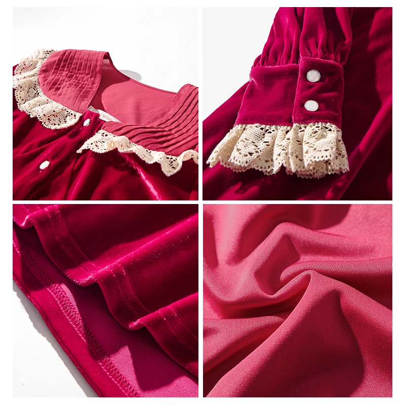 

French Vintage Red Velvet Dress Women Slim Waist Black Midi Long Dresses Luxury Party Club Vestidos Femme Sexy Lace Spliced Robe