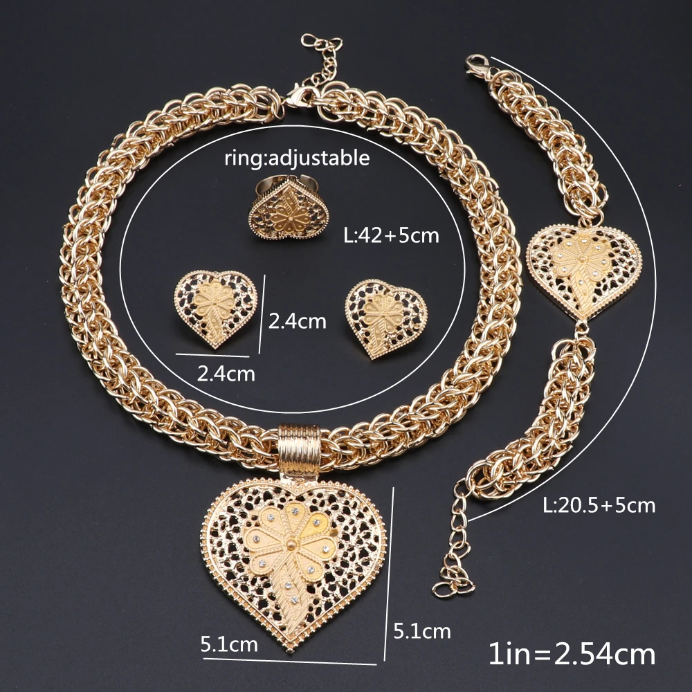 Дубай золотой цвет кристалл сердце кулон ожерелье серьги ювелирный набор