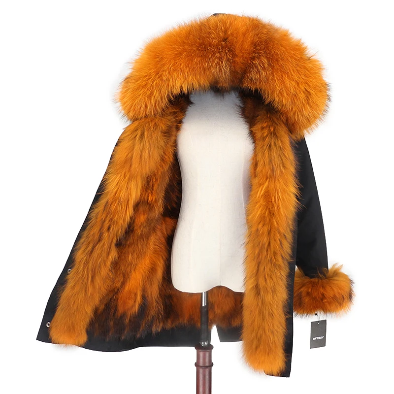 black orange F Водонепроницаемая парка, зимняя куртка для женщин, натуральный Лисий мех, подкладка, пальто, большой натуральный мех енота, капюшон, толстые теплые длинные парки, уличная одежда, новинка - Цвет: black orange F