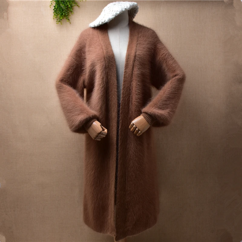 female women autumn winter clothing hairy mink cashmere knitted long lantern sleeves loose cardigan angora fur long sweater coat
