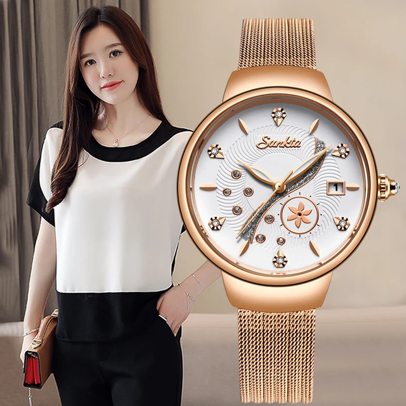SUNKTA Women Watches Top Brand Luxury Ladies Mesh Belt Ultrathin Watch Stainless Steel Waterproof Clock Quartz Reloj Mujer | Наручные
