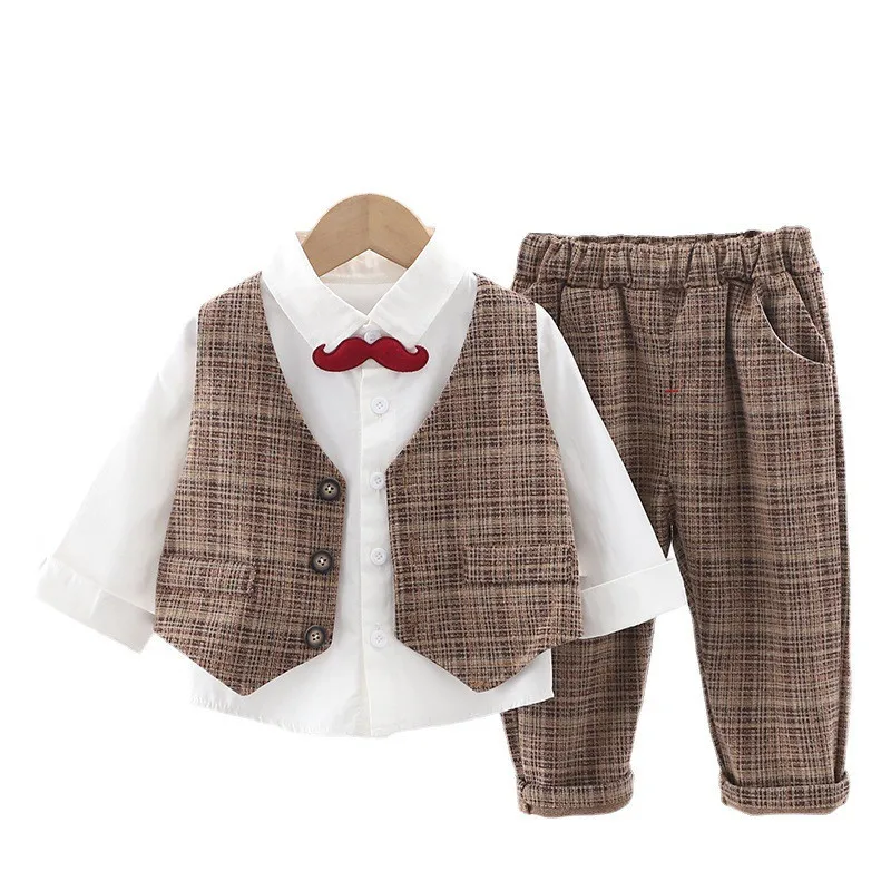 

New Spring Autumn Fashion Baby Boys Clothes Children Plaid Vest Shirt Pants 3Pcs/Sets Toddler Gentleman Clothing Kids Tracksuits