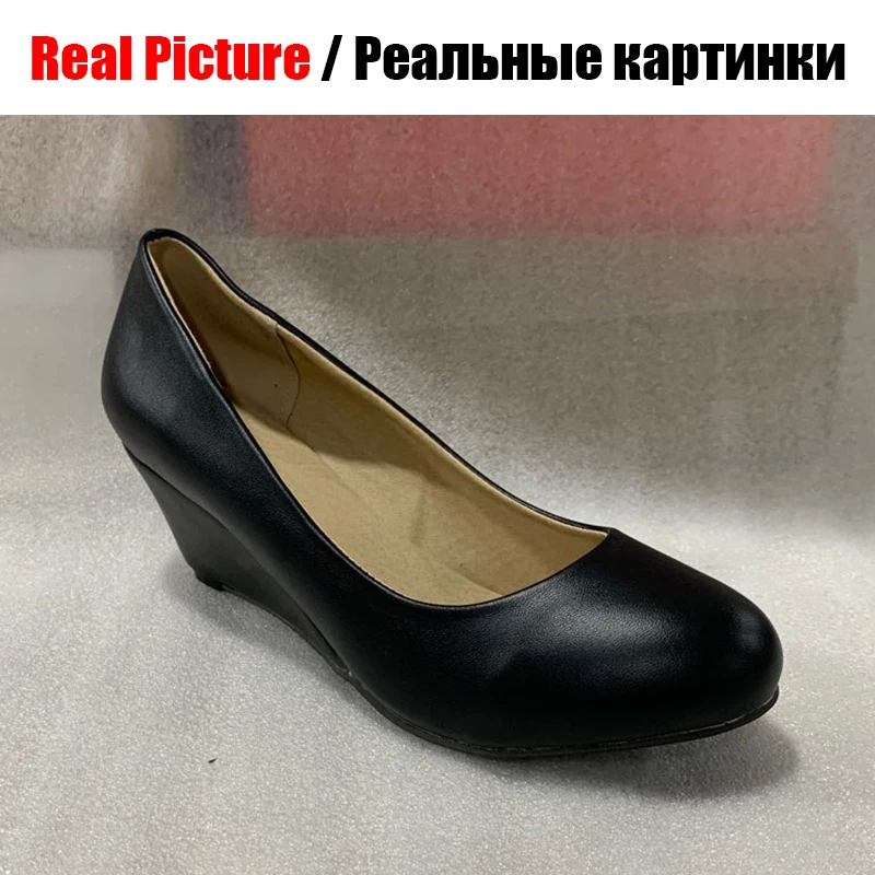 BONJOMARISA/модные женские туфли на высокой танкетке женские офисные туфли-лодочки без застежки с круглым носком на небольшой платформе Большие размеры 33-43