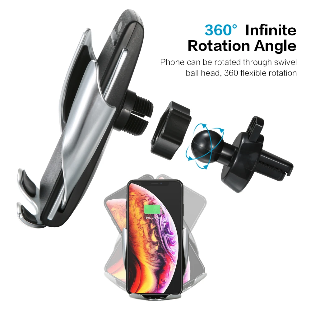 Qi Wireless Phone Charger S5 Automatic Clamping Fast Charging Phone Holder Mount in Car for iPhone xr Huawei Samsung Smart Phone