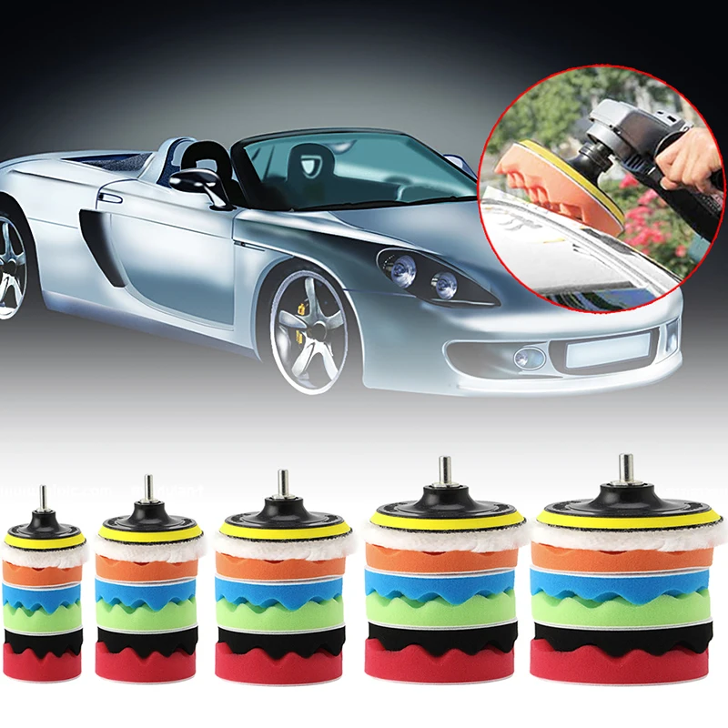 

New 7Pc 3/4/5/6/7'' Car Polisher Polishing Waxing Buffing Woolen&Sponge Pads Kit