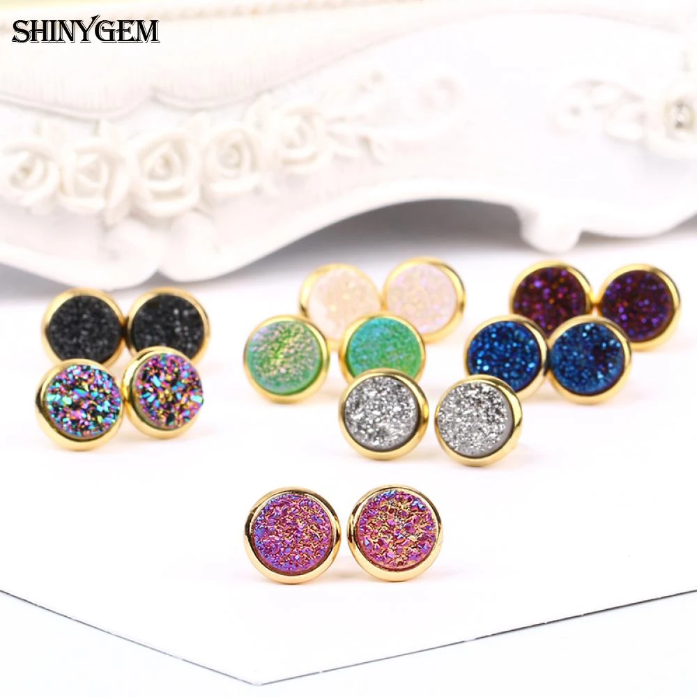 Модные круглые серьги гвоздики ShinyGem 8 мм с натуральным кристаллом позолоченные