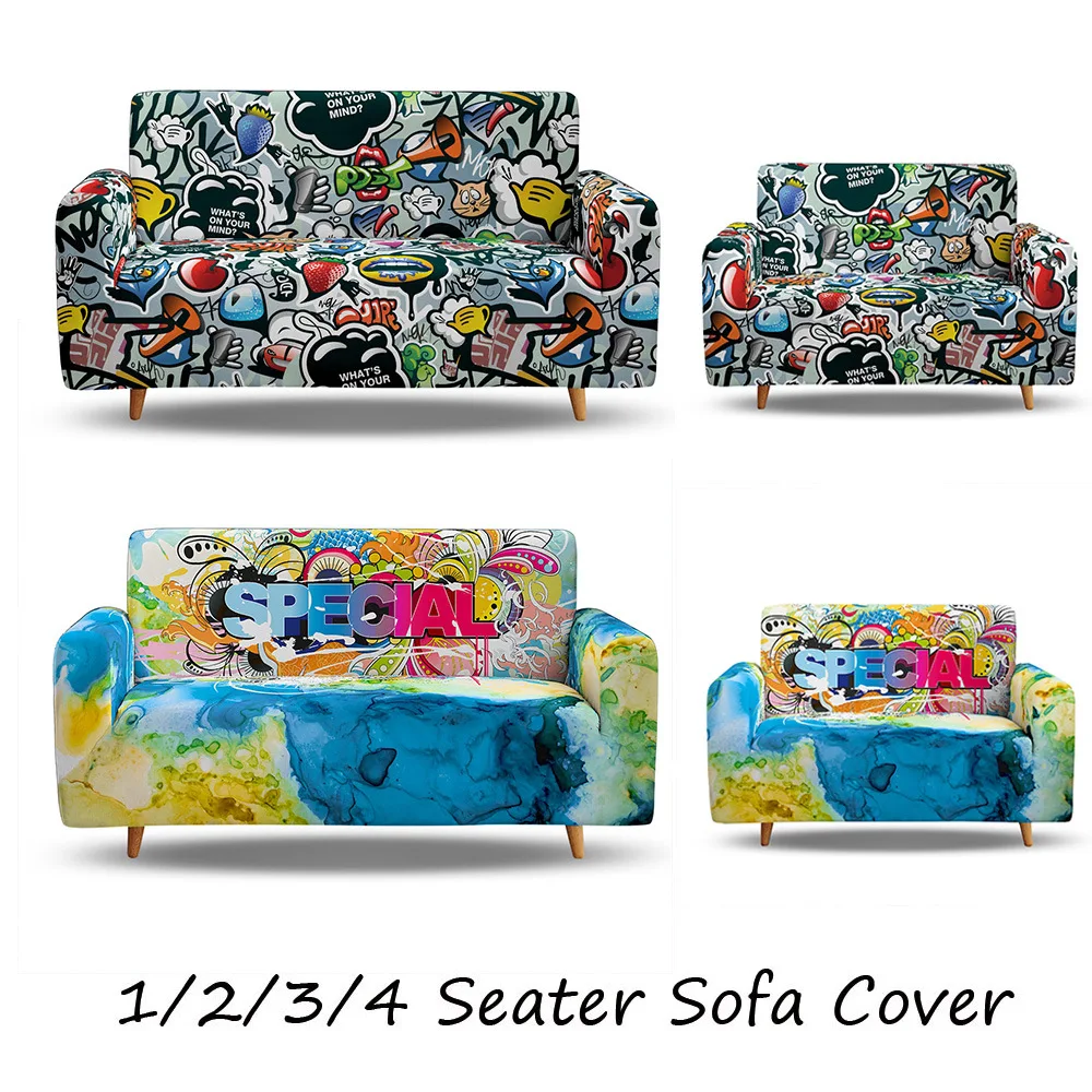 

Hip-hop Graffiti Printing Dustproof Non-slip Elastic Living Room Corner Sofa Cover Armrest Combination Sofa 1/2/3/4 Seat Cover