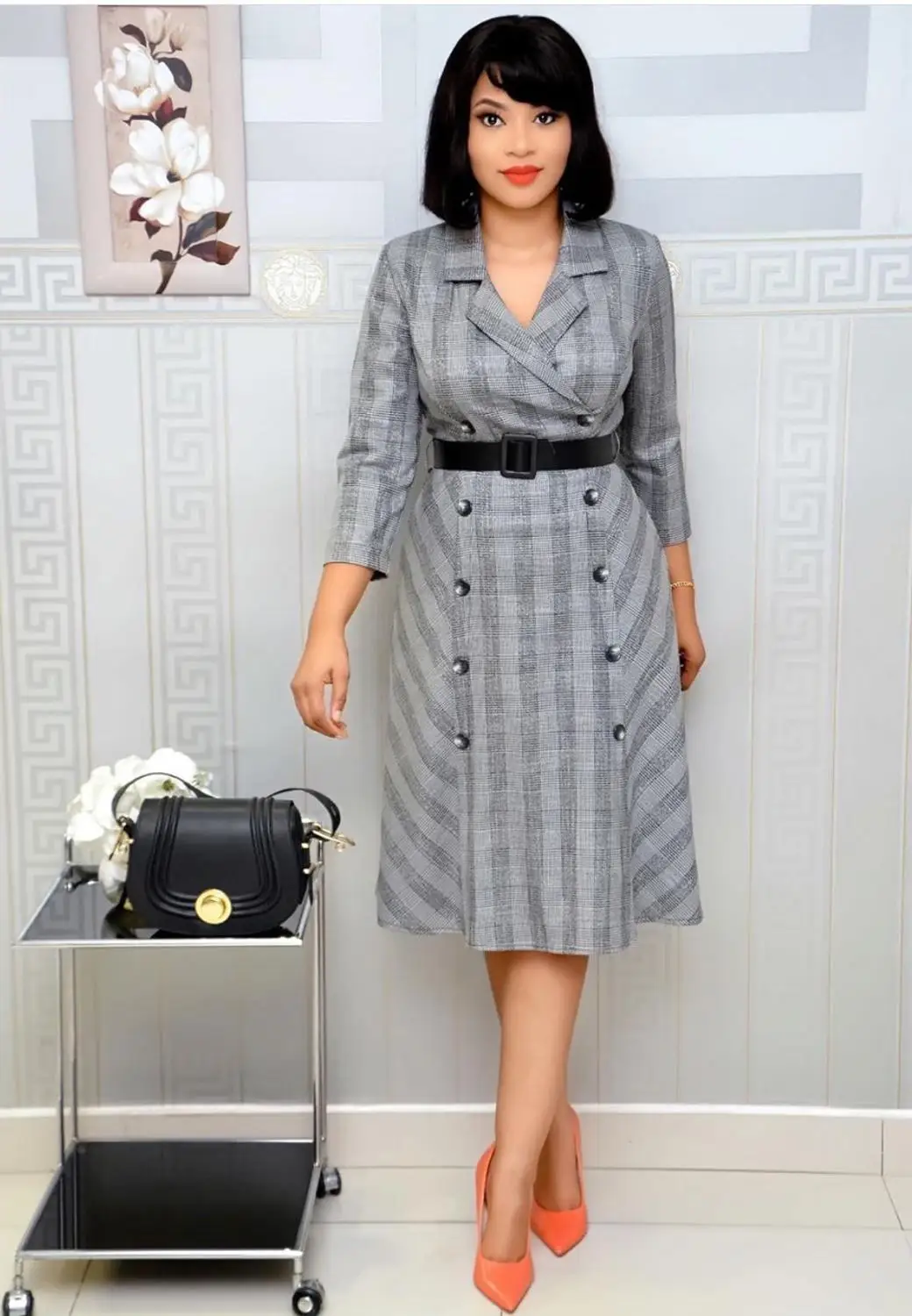 

African Design Dashiki Dress Plaid Bazin Long Sleeve Belt Office Maxi Robe Gowns Africa Bodycon Sexy Lady Evening Party