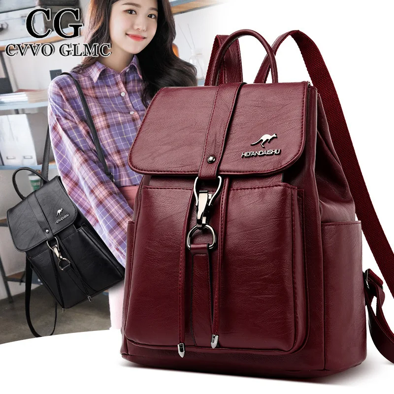 

Cvvo Glmc New Luxury Women Backpack Vintage Travel Soft Leather Backpack Large Capacity Bookbag High Quality School Bags