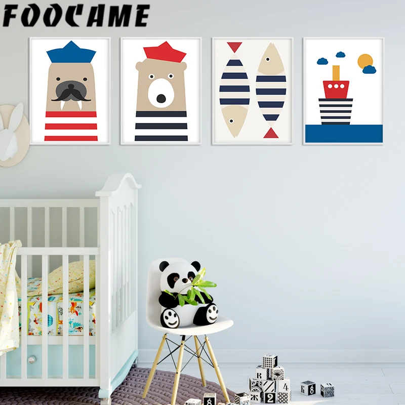 Сейлор тюлени Медведь Рыба Лодка мультфильм постеры и печать искусство