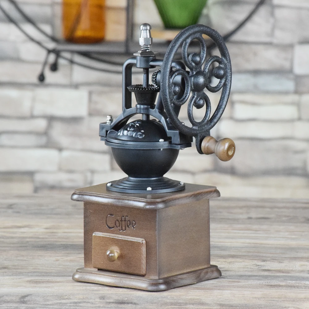 

Classical Vintage Wooden Coffee Grinder Ferris Wheel Style Ceramic Burr Conical Coffee Mill Antique Home Cafe Store Decoration