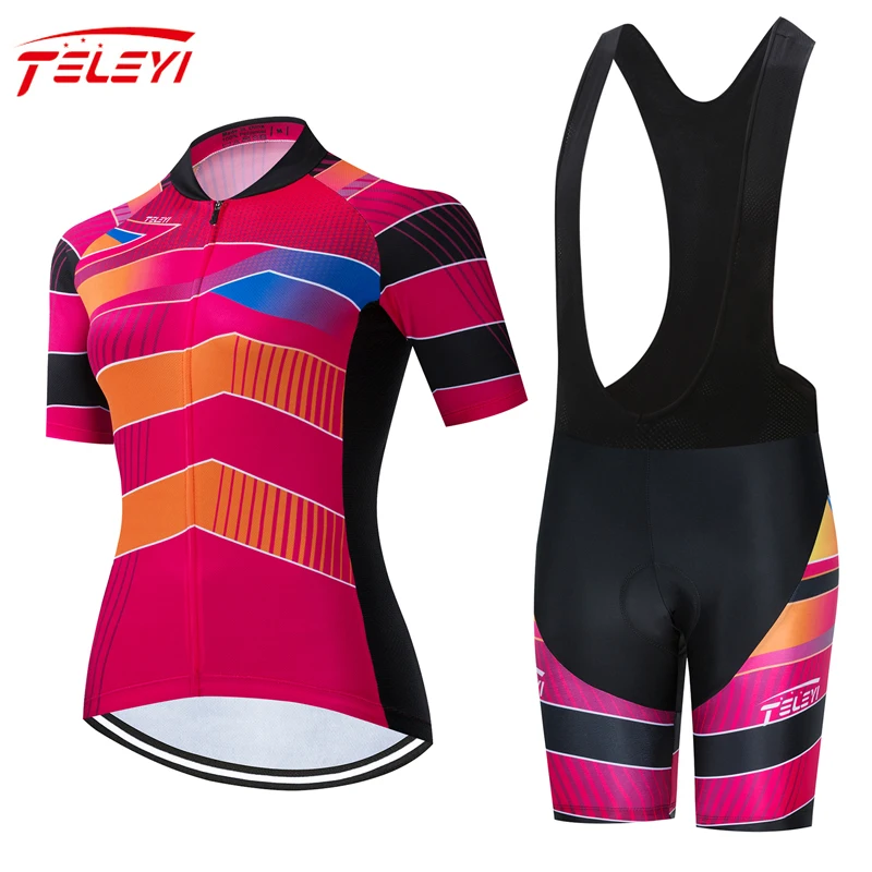 

TELEYI Pro Team Cycling Jersey Set Women Summer Bike Clothes MTB Ropa Ciclismo Bicycle Uniforme Maillot Quick Dry 20D Pad