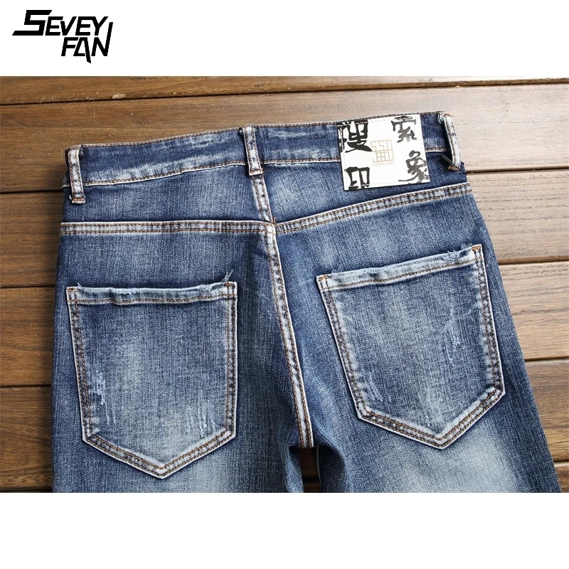 

Fashion Slim Men's Jeans Hip Hop Printed Streetwear Blue Denim Pants Cat Embroidery Brand Jean Trousers Cotton Casual Harajuku