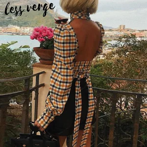 Женская блузка в клетку lessverge, винтажная офисная блузка с длинным рукавом и открытой спиной на осень и зиму