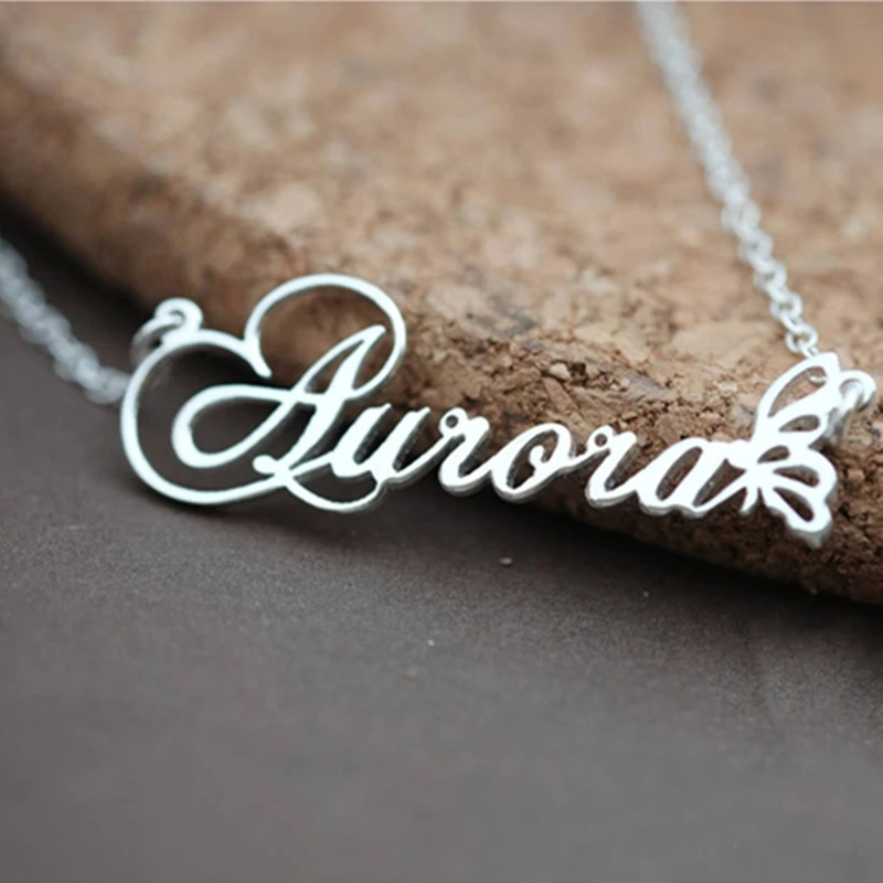 Ожерелья бабочки серебряного цвета подвески из нержавеющей стали с именем на