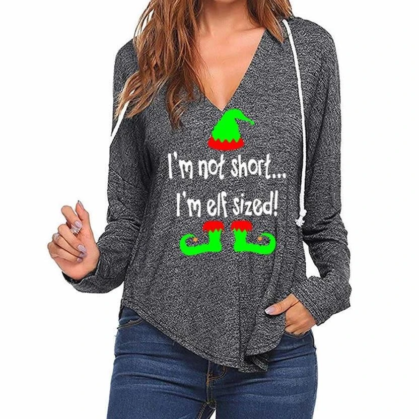 

Hoodies For Women I Am Not Short.. I Am Elf Sized！ Letters Christmas Hat Print V-Neck Hoodies Sweatshirt Femmes Tops Thick Cott