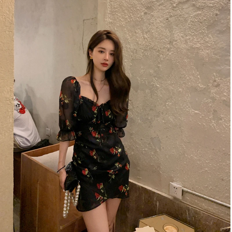 

Korean Style Short Sleeve Floral Printed Dress Women Bandage Design Vintage Sexy Dress Party for Females 2021 Summer Y2K