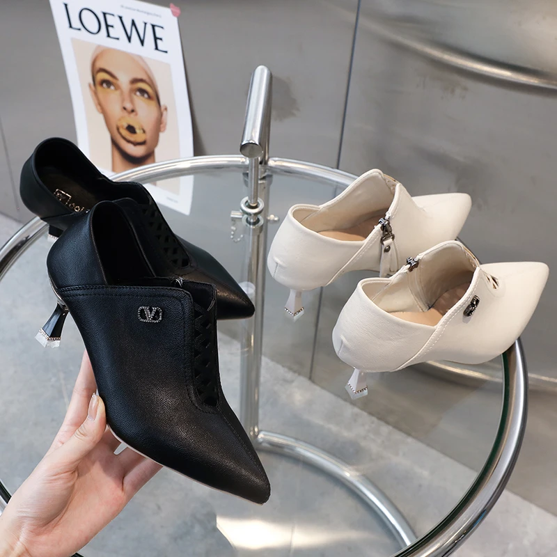 

Fashion two-wear deep-mouth single shoes with rhinestone stiletto side zipper high-heel pointed small leather shoes X882