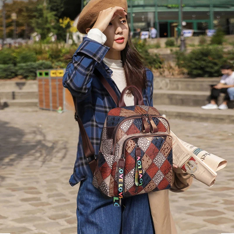 

Cobbler Legend кожаный рюкзак для женщин в стиле пэчворк, высокое качество, школьные сумки, повседневный рюкзак на молнии, Большая вместительная с...