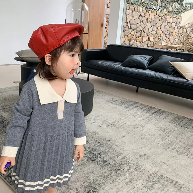 Платье для маленьких девочек Вязаное детское платье в стиле преппи хлопковая