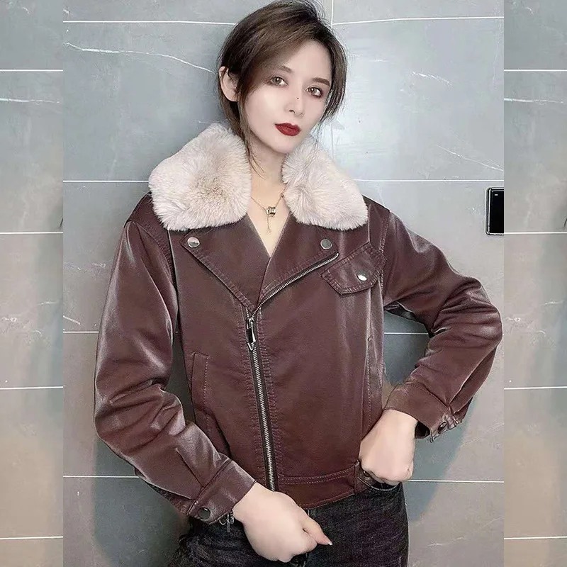 Womens Autumn Winter Leather Jacket Korean Style Real Fur Collar Thickening Velvet Short Motorcycle Coat Slim High Street Top