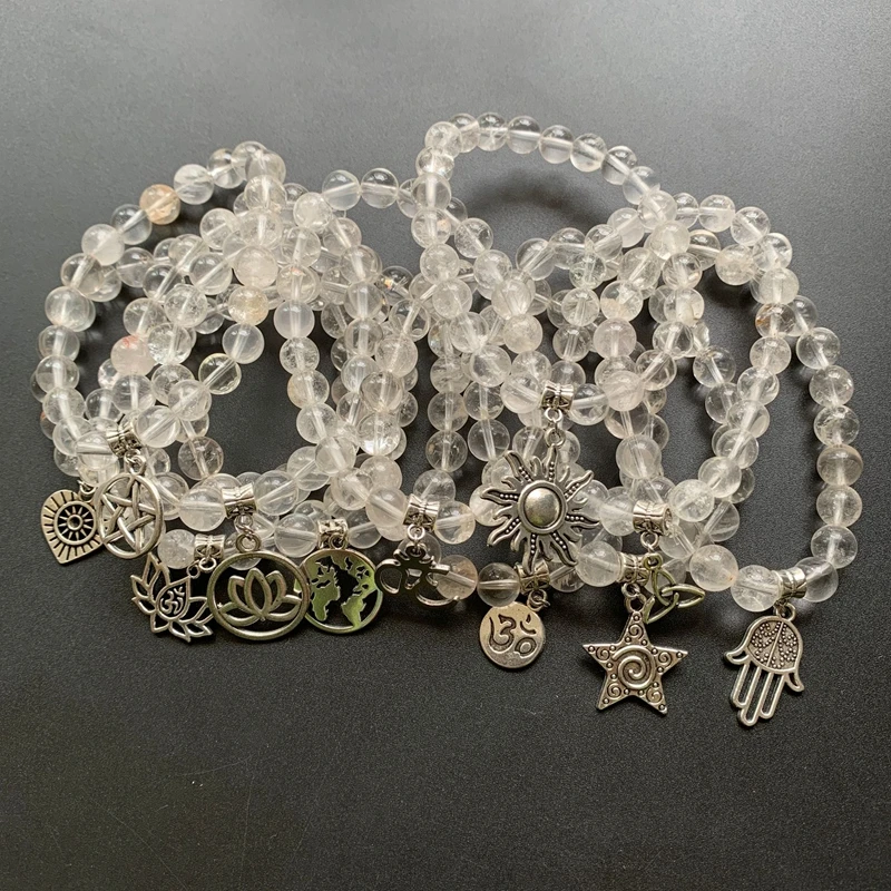 

Natural Clear Quartz Stone Rock Crystal Beads Round Reiki Stones Bracelet Stretch Fatima Hand Lotus Om Unisex 1pc