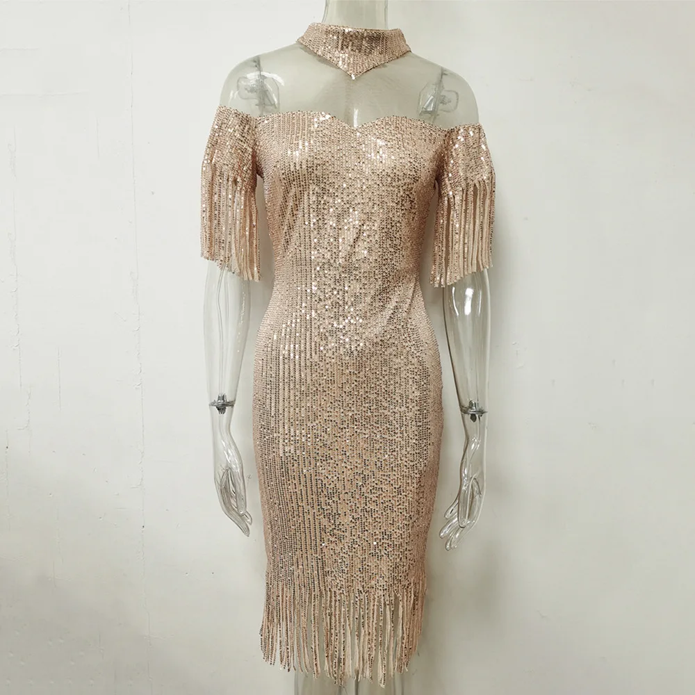 

New Sexy see-through Package Hip fringed sequin dress evening party dress tassels slim Prom Gown Banquet Dress for women golden