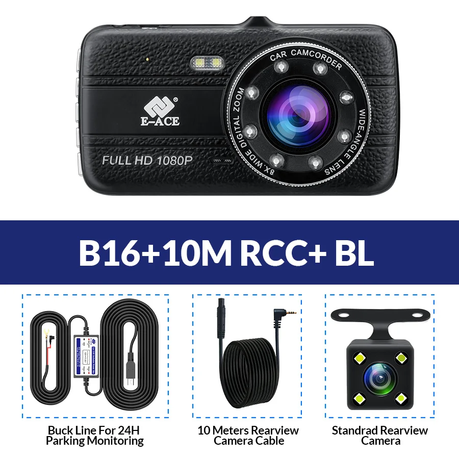 E-ACE 4.0 дюймов Автомобильный видеорегистратор Full HD 1080 P мини Камера автомобильная видео Регистраторы Авто регистратор зеркало заднего вида Ночное видение регистраторы FHD 8 светодиодов Зеркало Камера Автомобиля - Название цвета: B16-10M RCC-BL