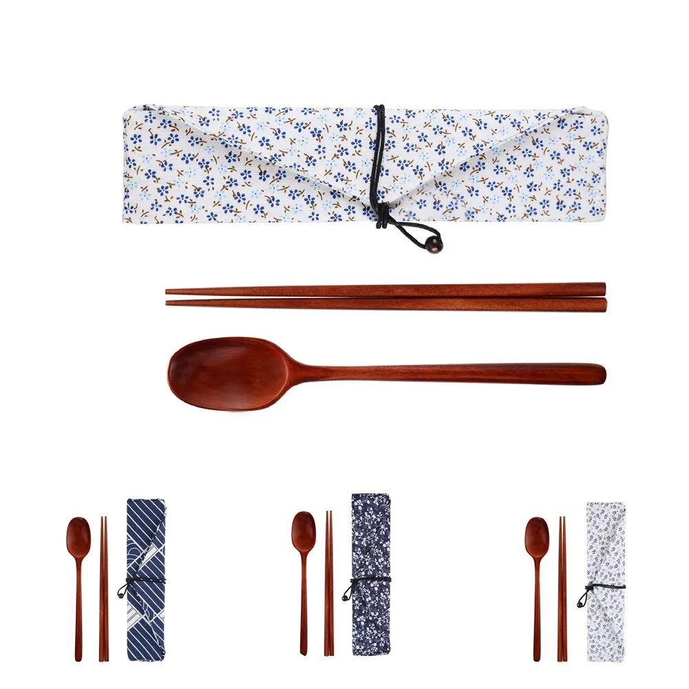 

26*6cm Portable Wood Tableware Wooden Cutlery Sets Travel Dinnerware Suit Environmental With Cloth Pack Gifts Set