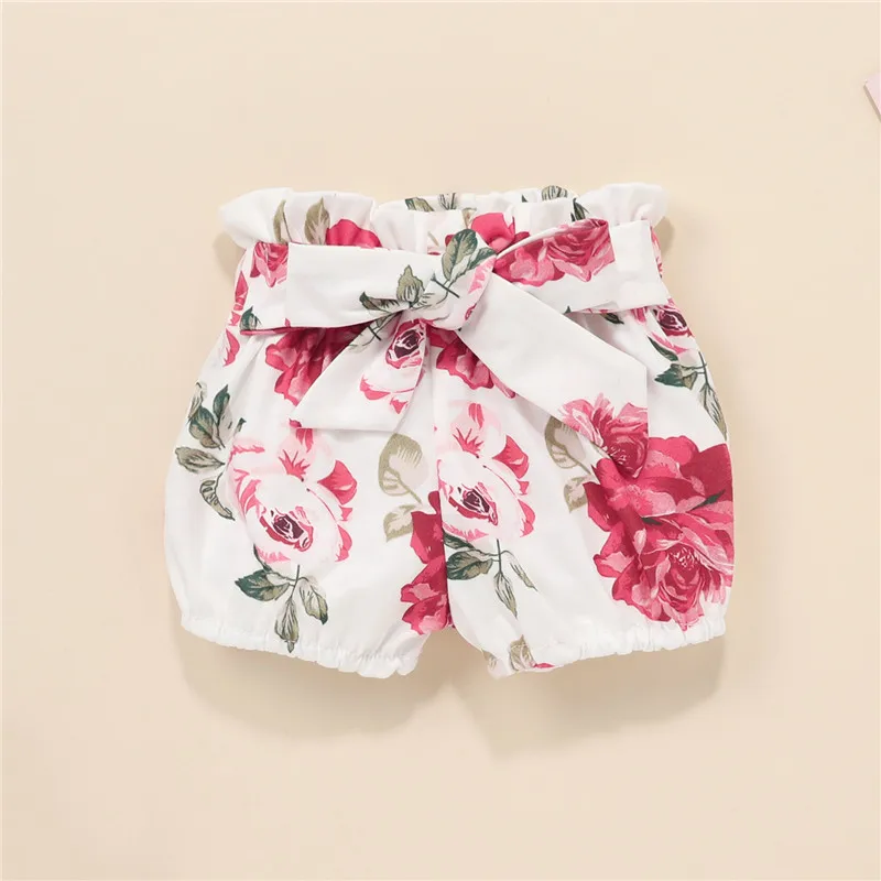 

Newborn Baby Girls Summer Clothes Set Casual Ribbed Ruffles Button Knitted Short Sleeve Romper+Floral Print Shorts+Headband Set