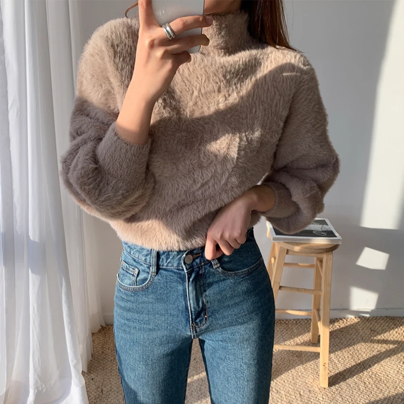 JMPRS Pullover Women Short Sweater Fashion Hairy Lantern Sleeve Autumn Female Jumper Knit Casual Korean Style Ladies Black Tops | Женская