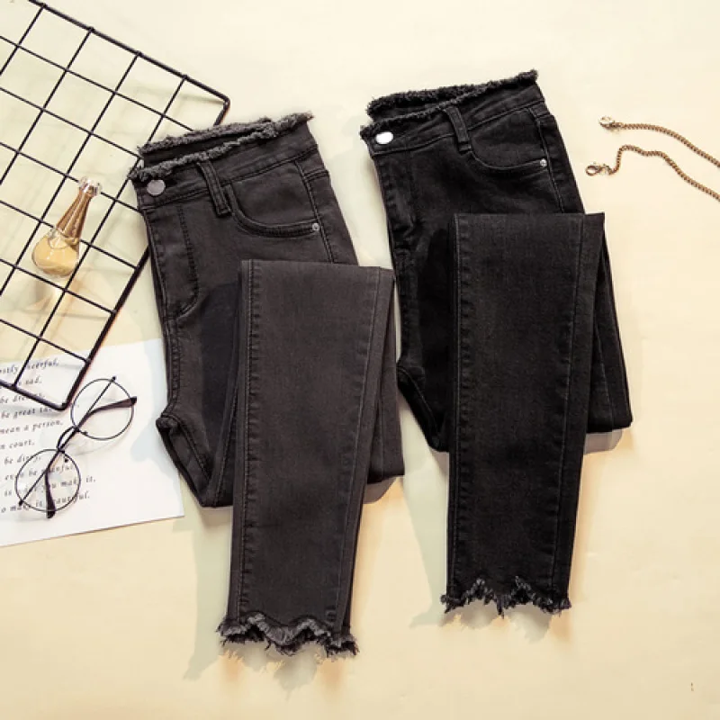 

2020 New Woman Skinny Jeans Tassel Black Gray High Waist Elastic Denim Pencil Pants Woman Show Slim Jean Female Korean