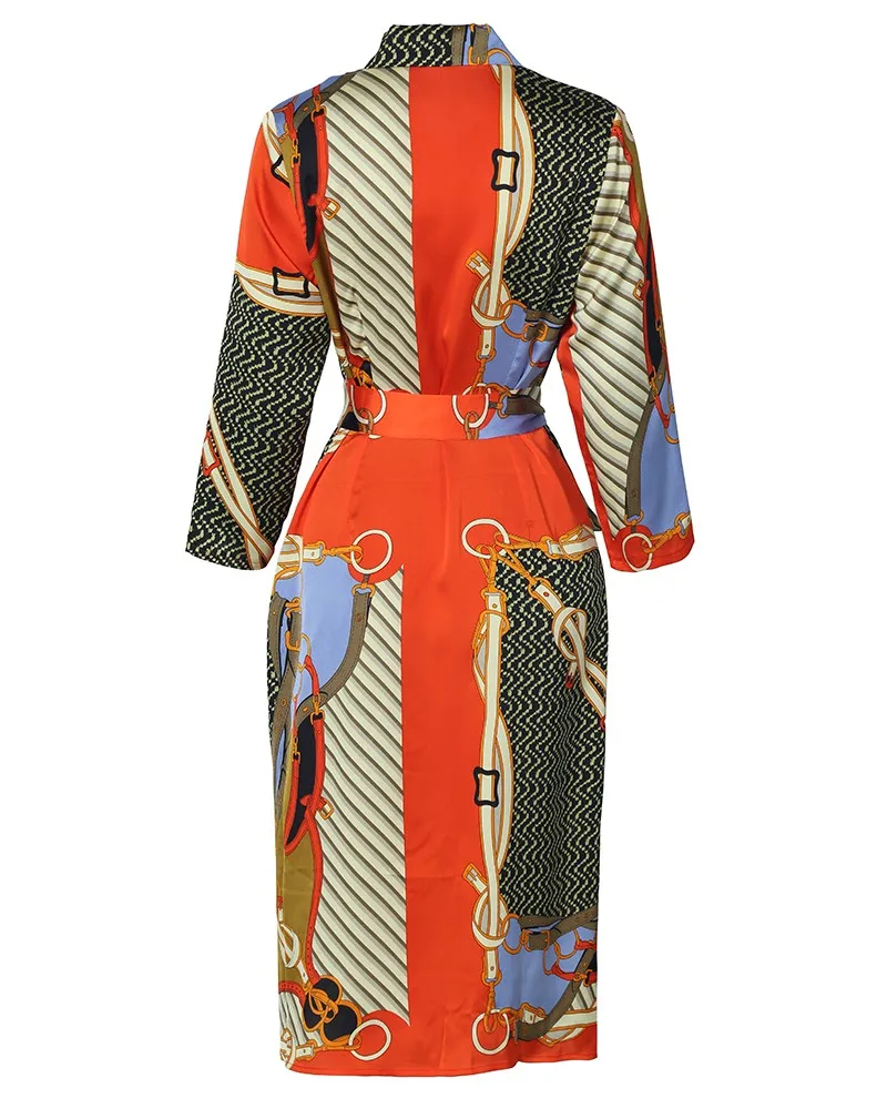 

Office Lady Mixed Print Button Up Shirt Dress Women Vacation Elegant Leisure Casual Midi Dress