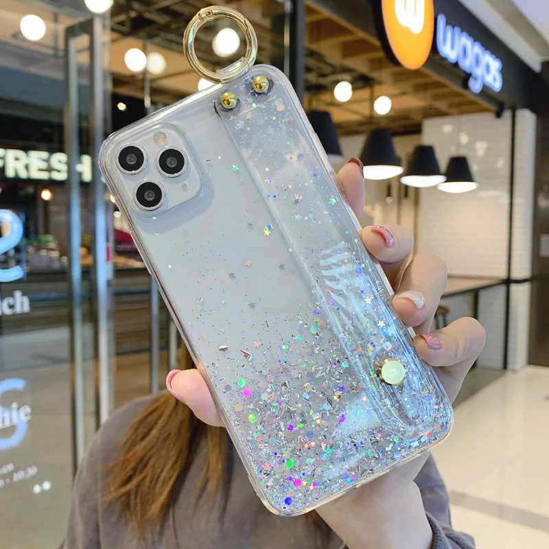 

Epoxy Bling Case For iphone 7 8 11 6S Glitter Star Wrist 11 Pro XS Max XR X 7 8 6S Plus Back Cover Silicone Phone Case Bumper
