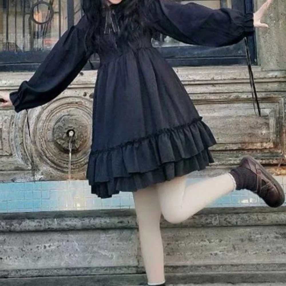 

Lolita Ladies Dresses Spring Autumn Fashion Hipster Designer Creative Bowknot Gather Ruffle Loose Casual Round Neck Long Sleeve