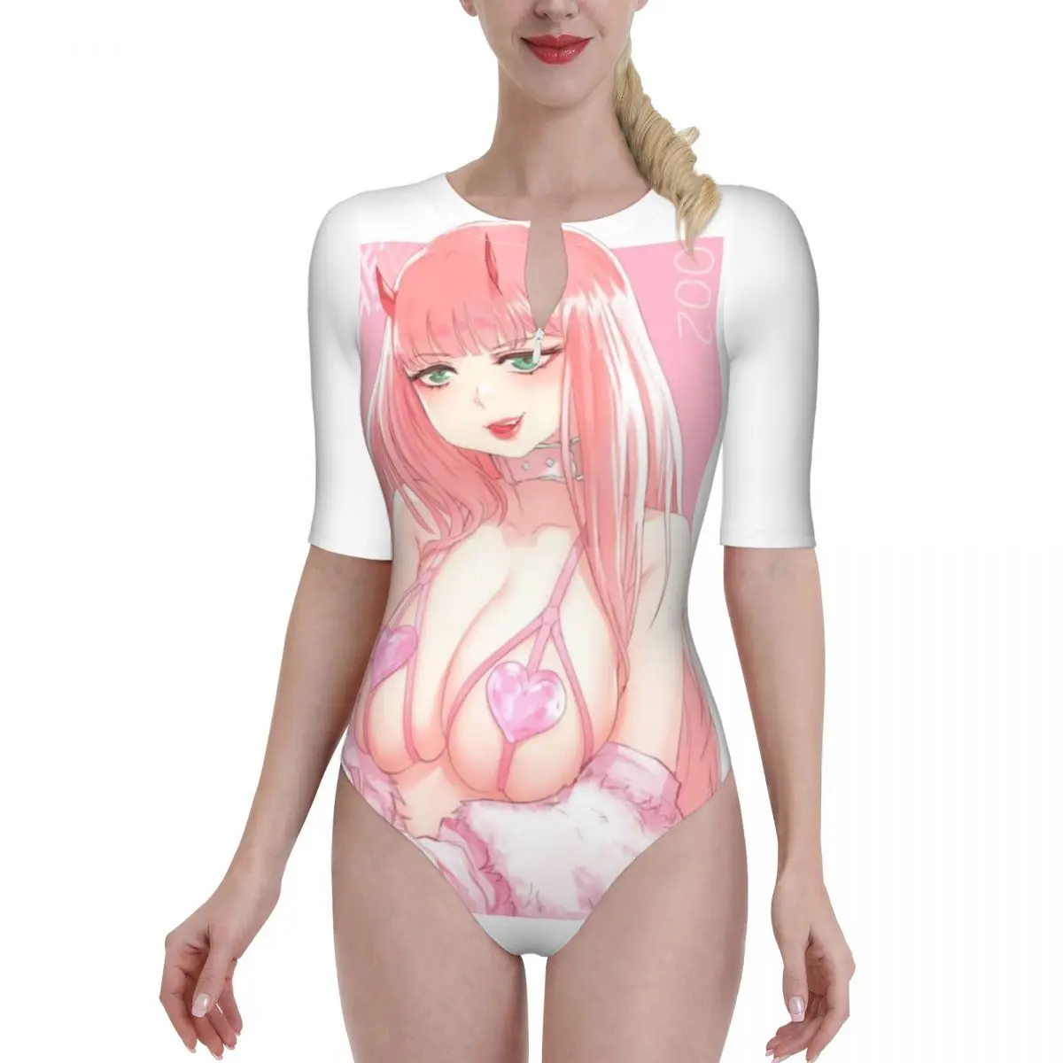 

Женский экзотический бикини 2021 года Zero Two Pink Girl Goro Hiro с рукавом до локтя, женский купальник на молнии, цельный купальный костюм из японского а...