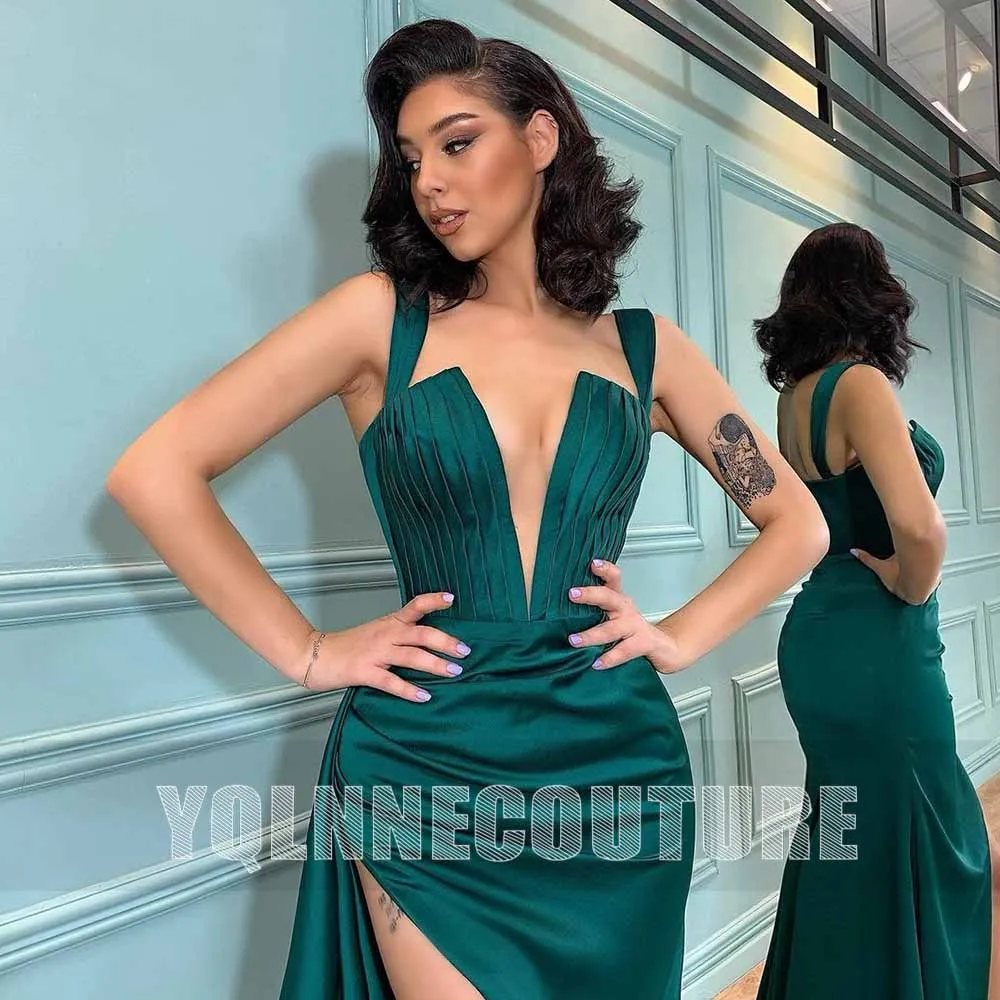 

Sexy Emerald Green Satin Long Evening Dresses Spaghetti Mermaid High Right Slit Formal Red Carpet Dress