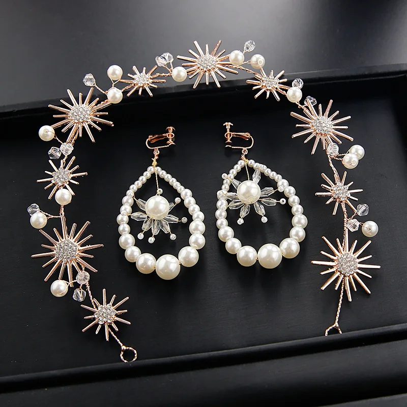 

New Bride Headdress European Baroque Golden Personality Headdress Pearl Earrings Set Wedding Dress Accessories