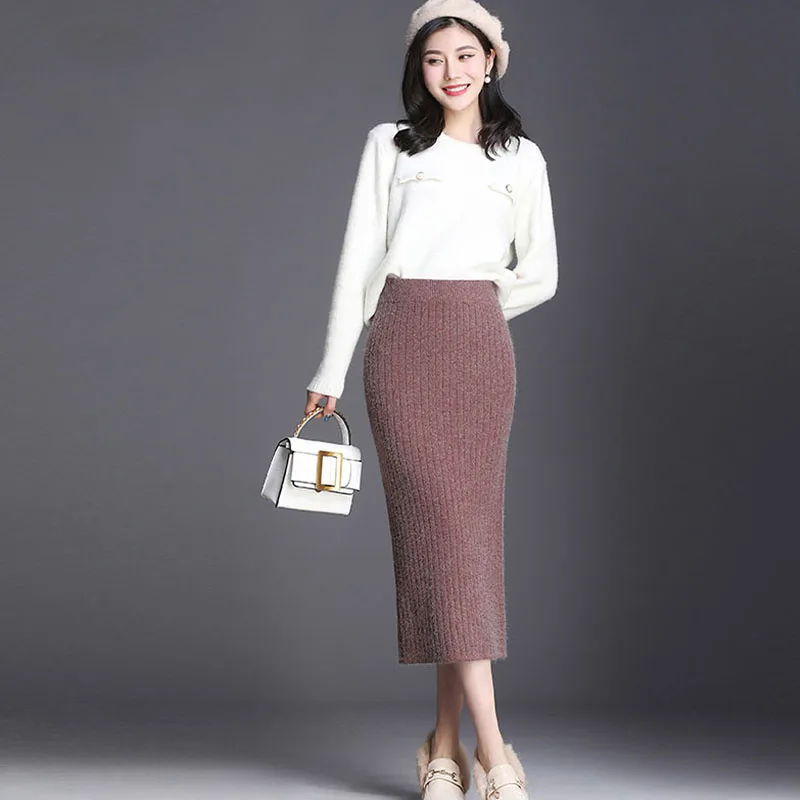 Осень Зима Новая высокая поясная сумка вязаная шерстяная юбка длинная удобная